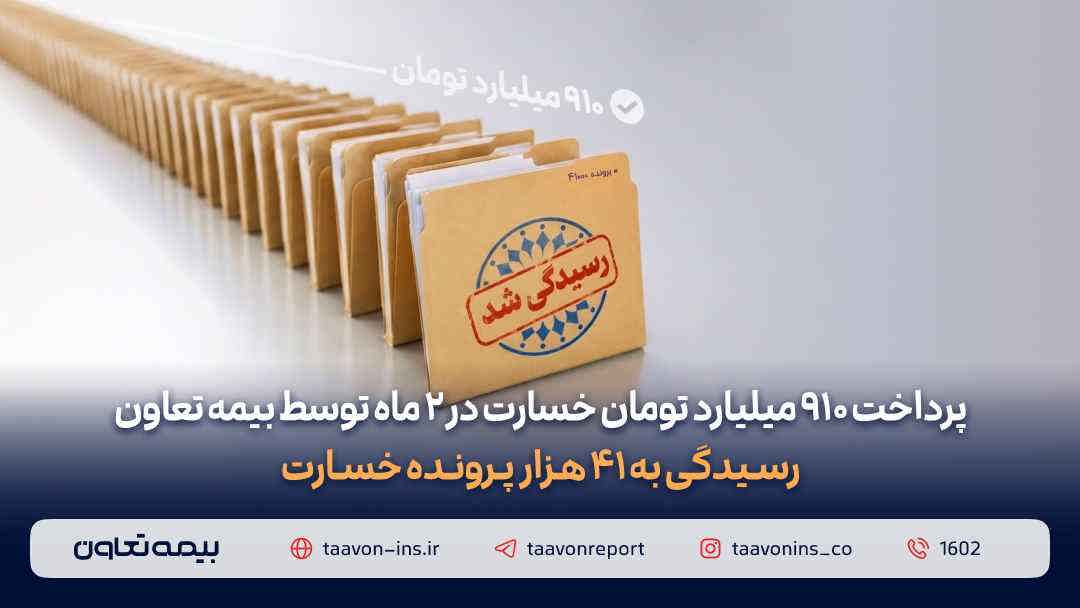 پرداخت ۹۱۰ میلیارد تومان خسارت در دو ماه توسط بیمه تعاون/ رسیدگی به ۴۱ هزار پرونده خسارت